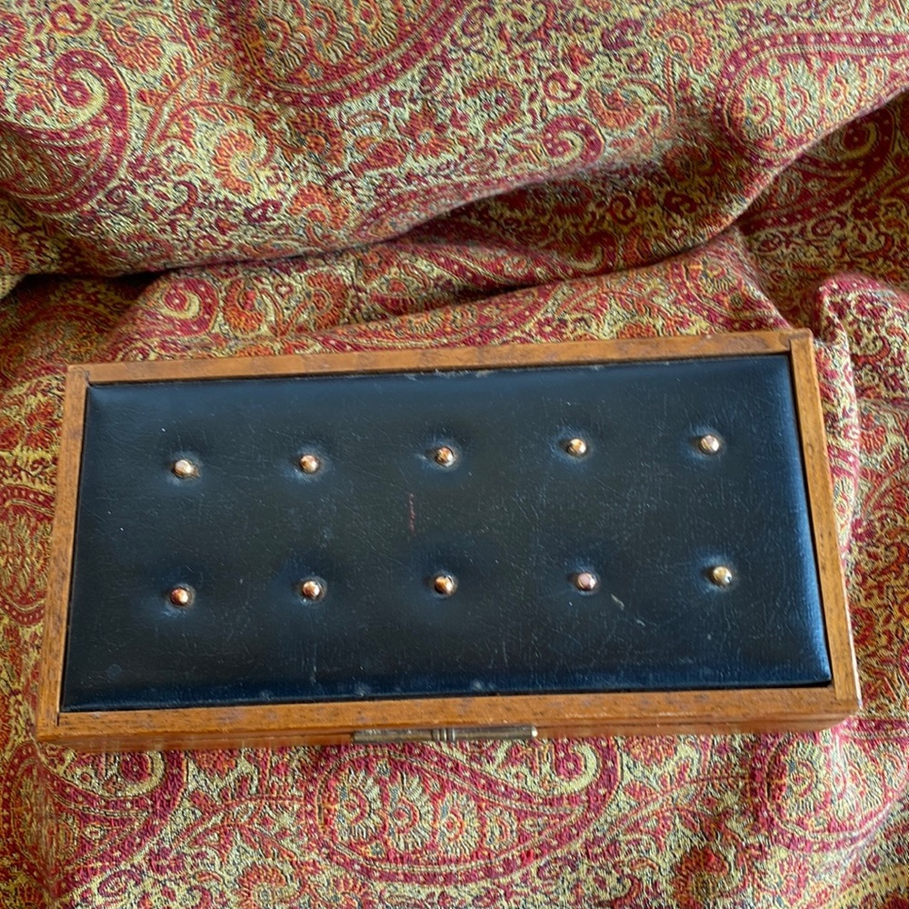 Vintage Apex Japan wood mens valet with brass studs on black leather look lid